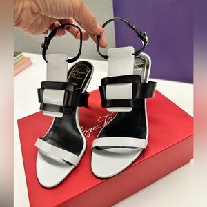 NEVER WORN! Black and Grey Leather Ankle-Strap Heels